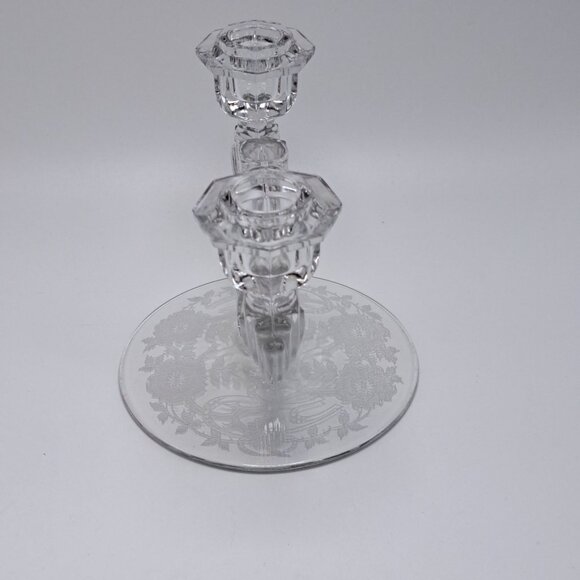 Tiffin Franciscan Etch Clear Glass Etched Double Light Candlestick Holder - Picture 2 of 5